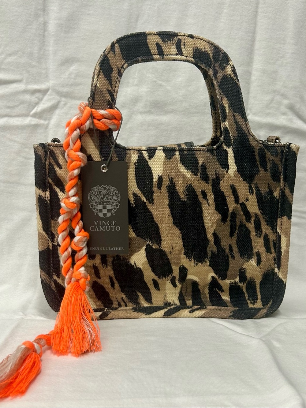 Vince Camuto Leopard Canvas Tote with Bright Orange Tassel